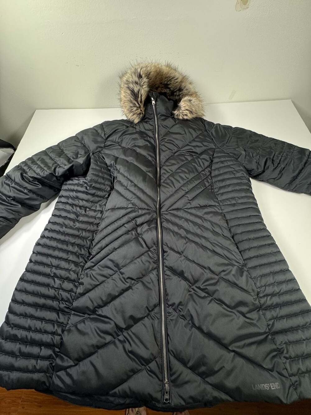 Lands' End Down Coat Size 20W-22W 2X Black Quilted Primaloft Fur Hood